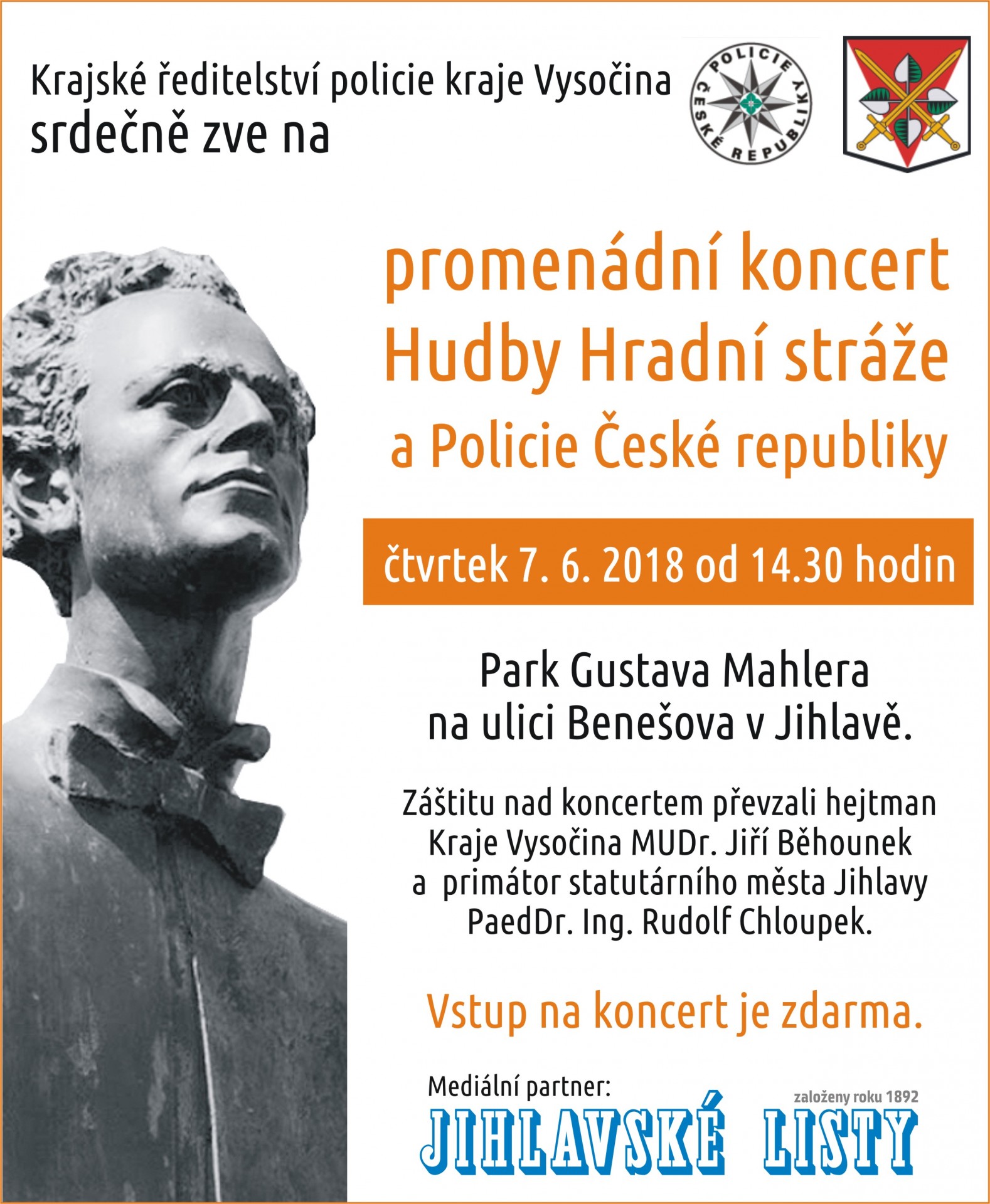 Pozvánka na koncert v parku Gustava Mahlera. Policisté na Vysočině slaví Den Policie České republiky